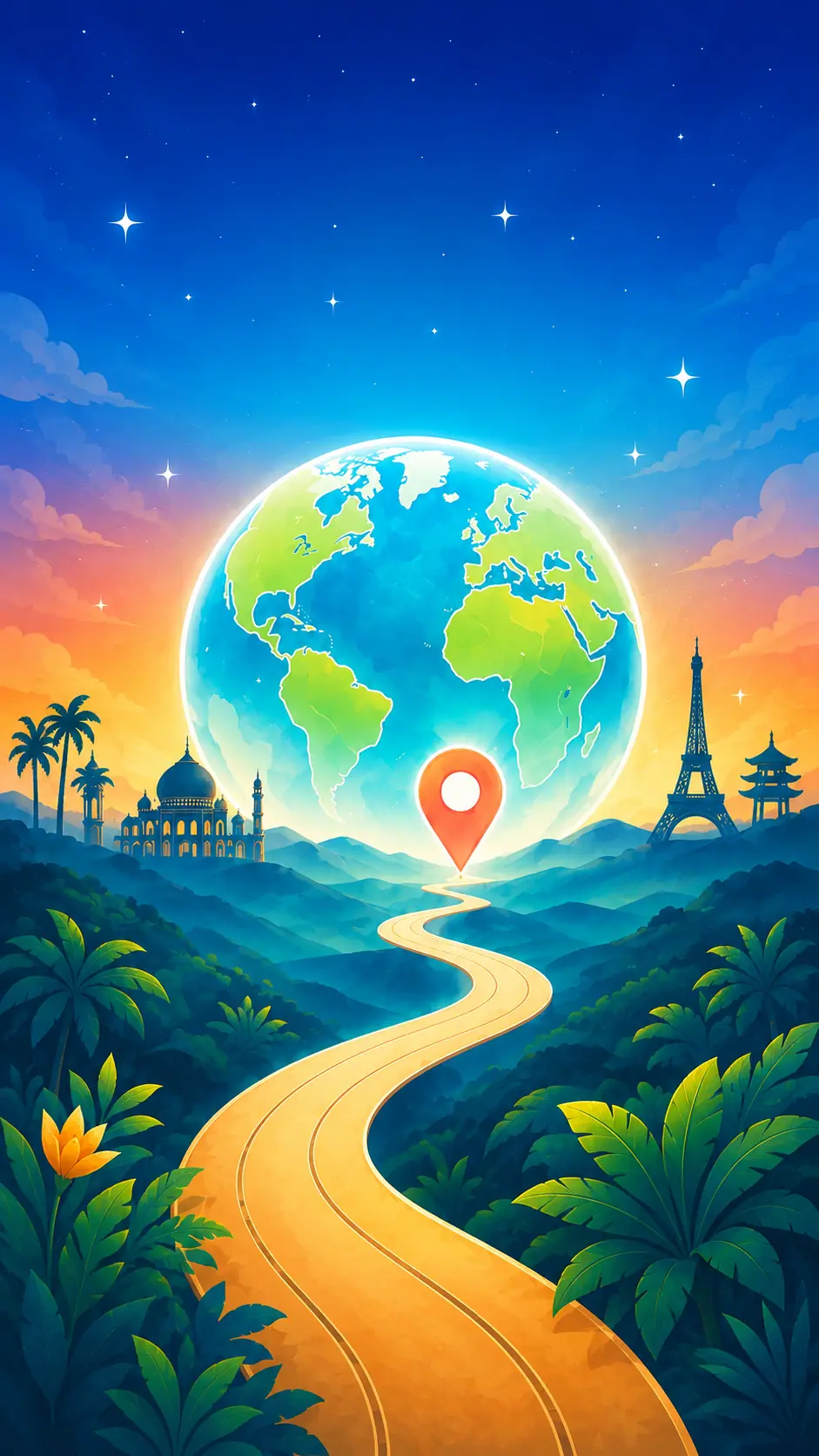 Illustration of a glowing globe above a golden road winding through tropical hills, with a coral map pin